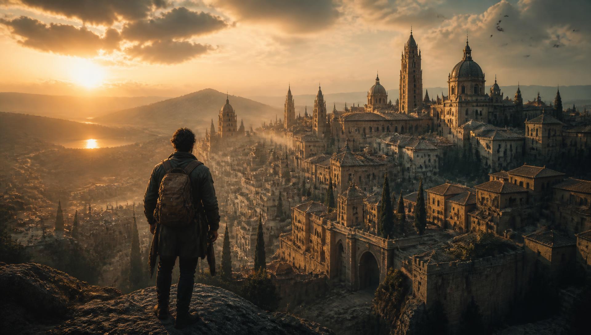 An explorer overlooking an ancient cathedral city at golden hour